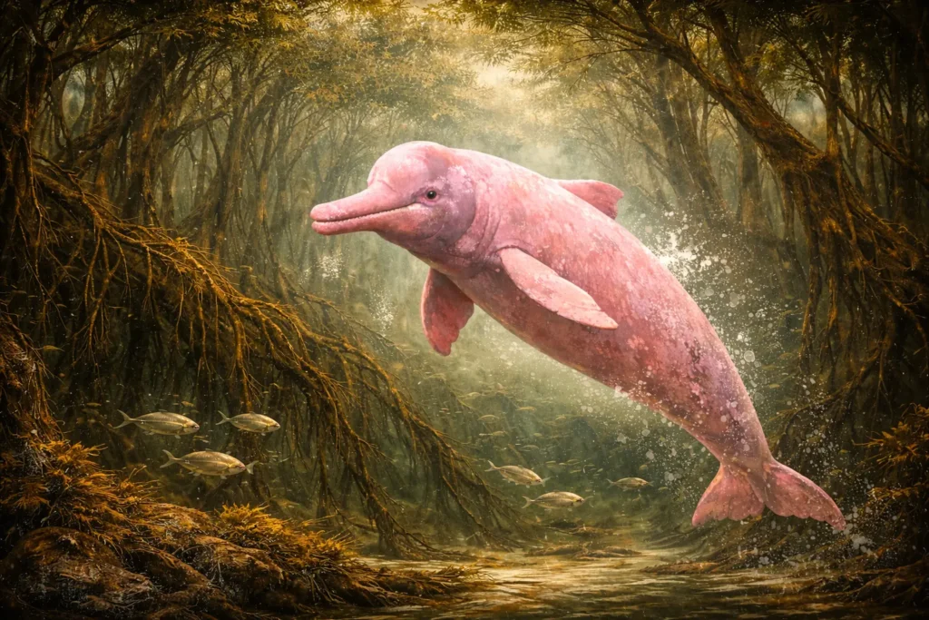 Amazon pink dolphin boto swimming in the Amazon River flooded forest