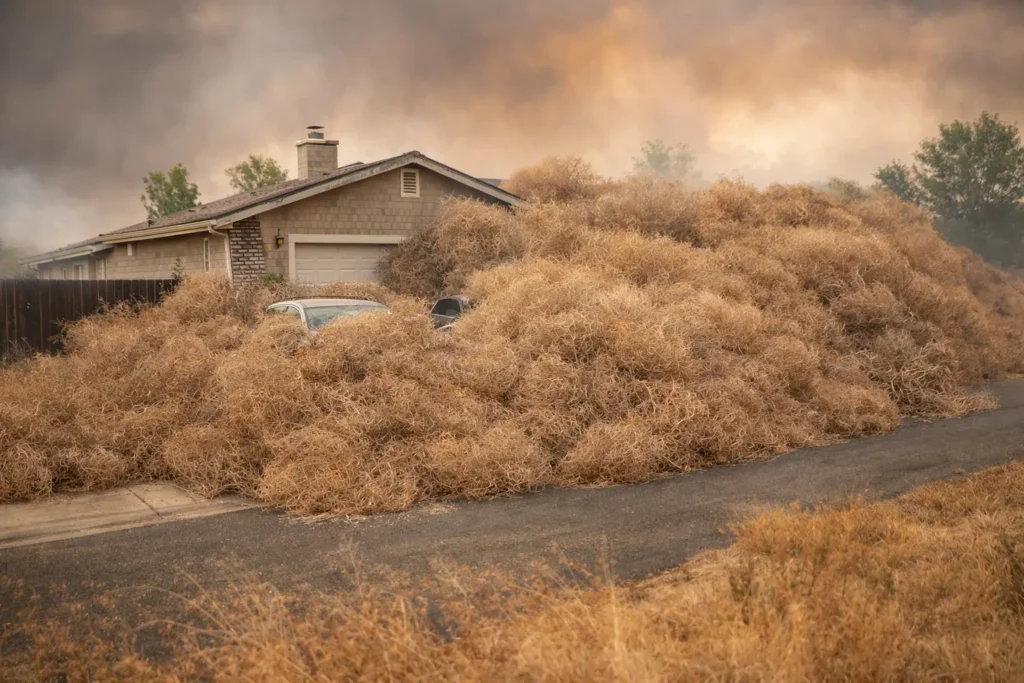 Large piles of dry tumbleweed blocking a suburban house and road, increasing wildfire risk during drought conditions