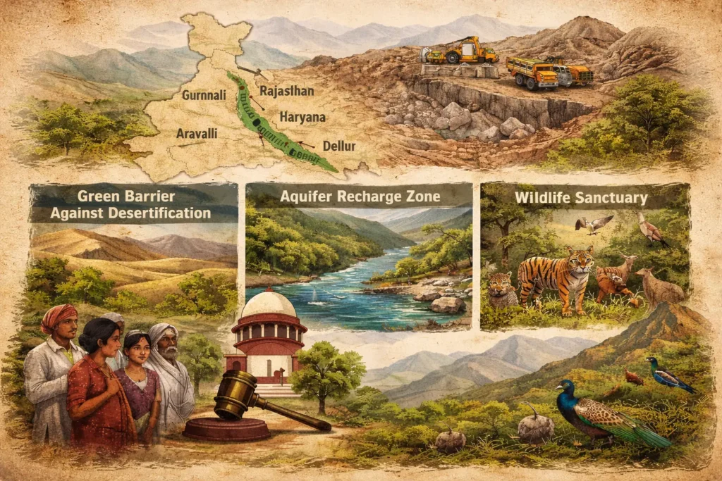 Aravalli Hills Mining landscape showing rocky hills damaged by mining with excavators and trucks, surrounded by dry terrain, forests, wildlife, and a flowing river ecosystem in western India.