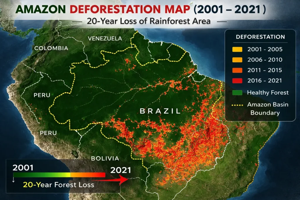 Amazon rainforest deforestation map showing loss