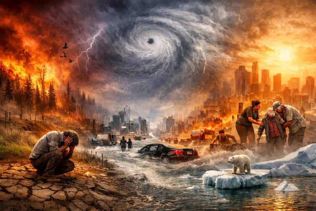 Climate warning illustration showing extreme weather events including wildfire, flooding city, powerful cyclone, heatwave over urban skyline, and melting polar ice.