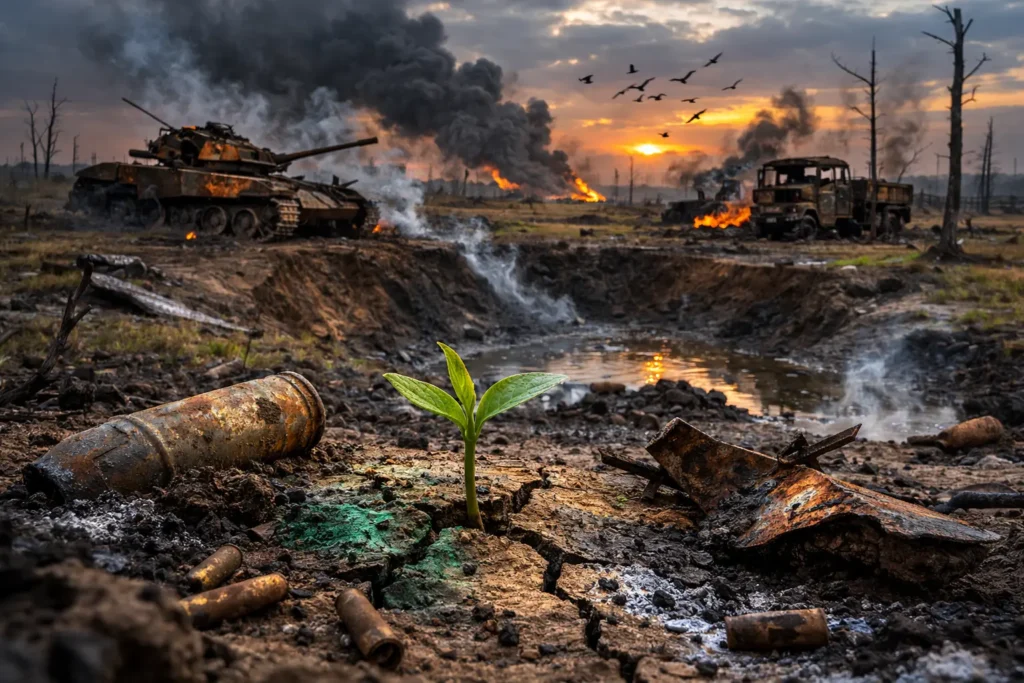 Impact of war on forest ecosystems and wildlife habitats infographic