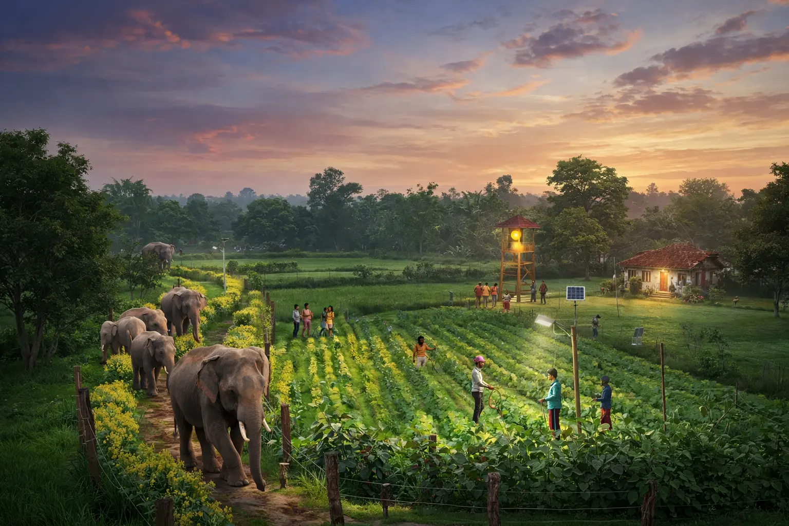 Asian elephant walking near farmland and village fields in India highlighting human-elephant conflict in rural landscapes.