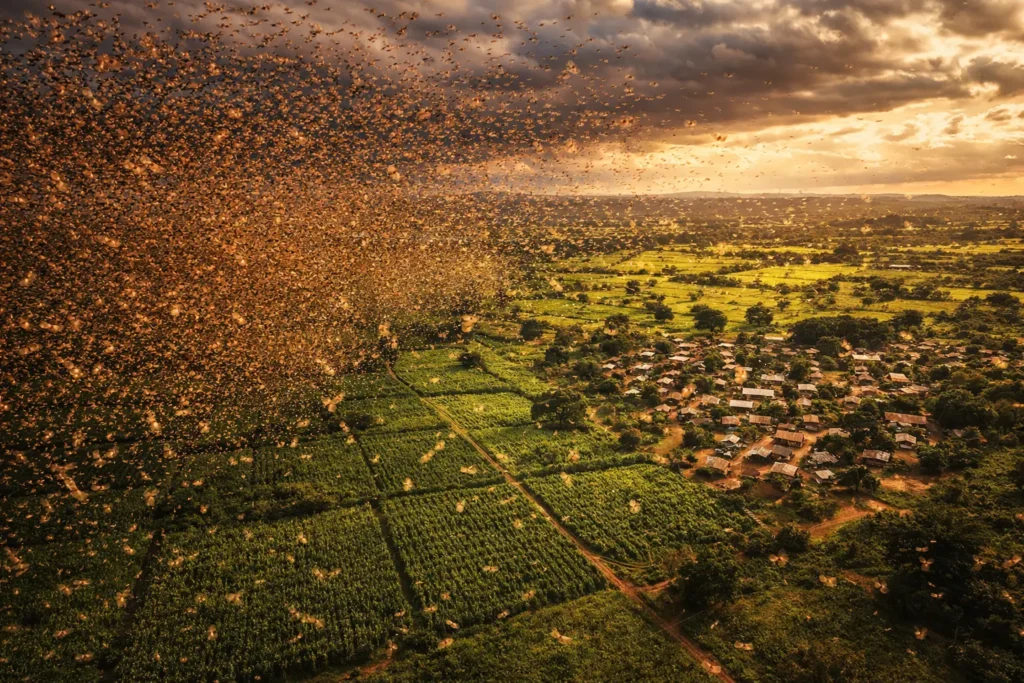aerial view of massive desert locust swarm covering green farmland near African village during golden hour