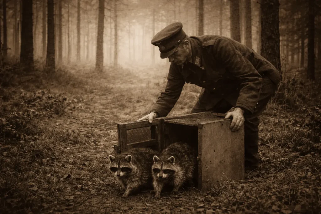 Vintage sepia-toned 1930s style photograph of a German forester releasing two raccoons from a wooden crate into a misty pine forest, early morning light filtering through tall trees, cinematic historical atmosphere.